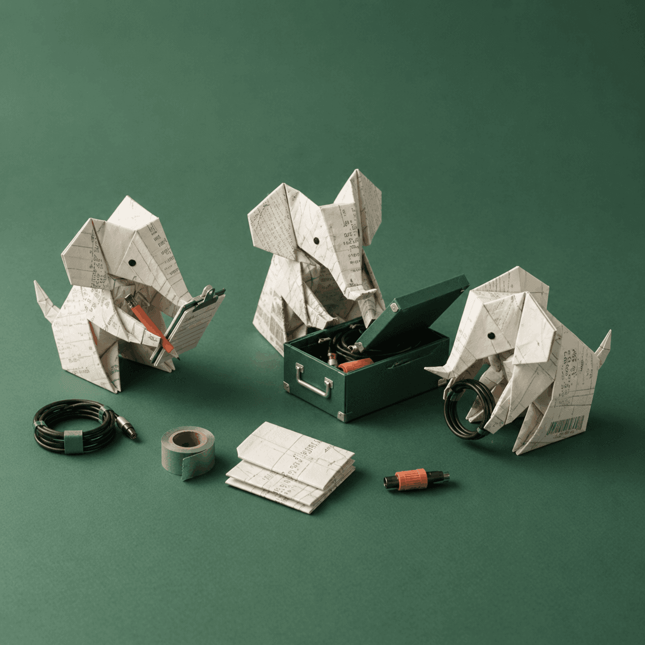 Origami crew of paper creatures coordinating on the ground