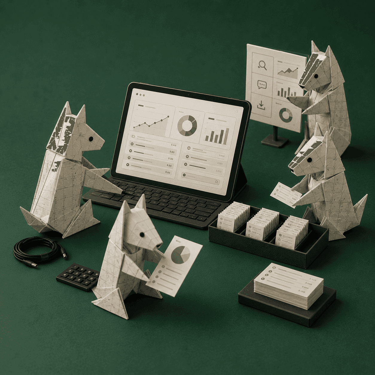 Origami crew gathered around a chart of expenses
