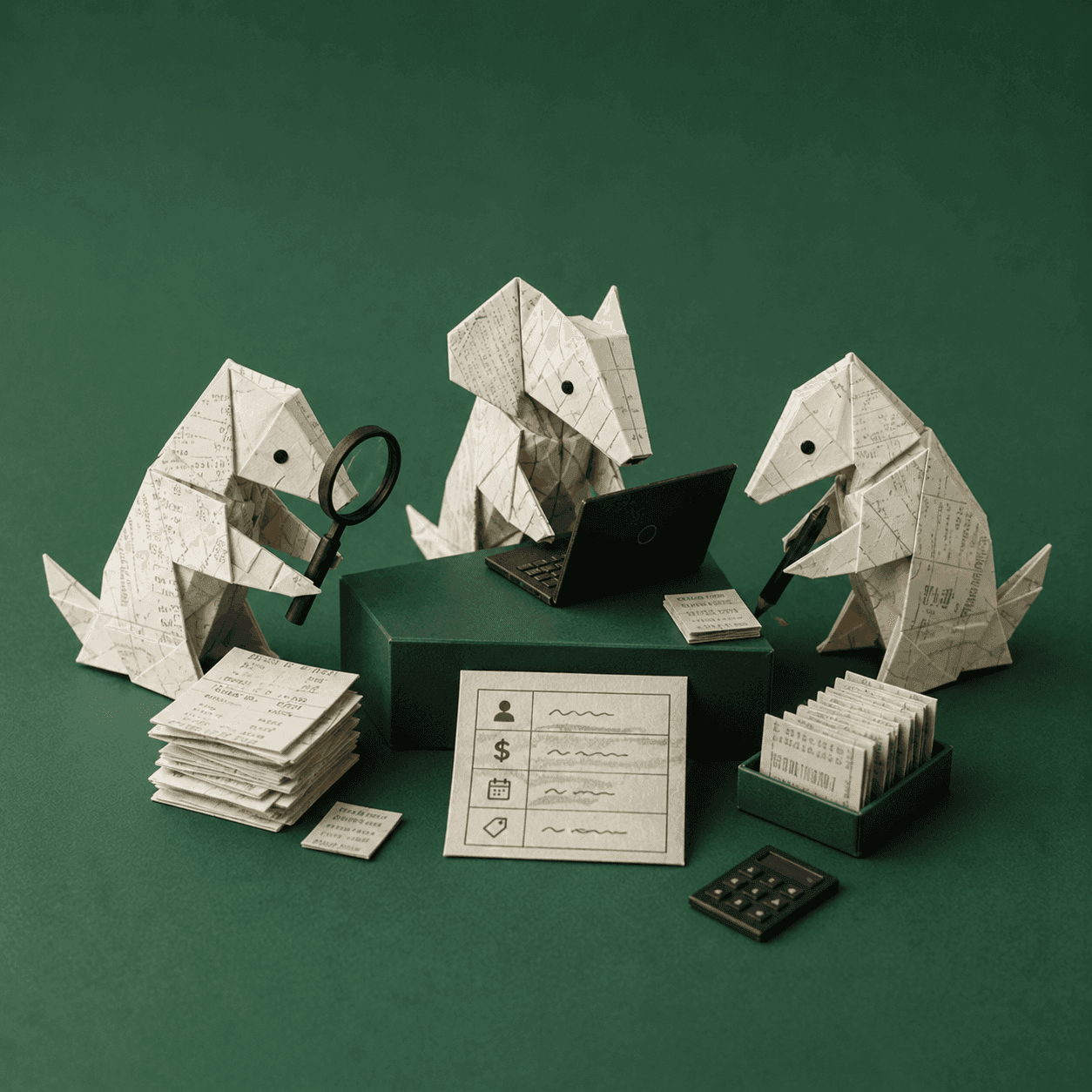Origami scene with paper slips being organised into structured rows