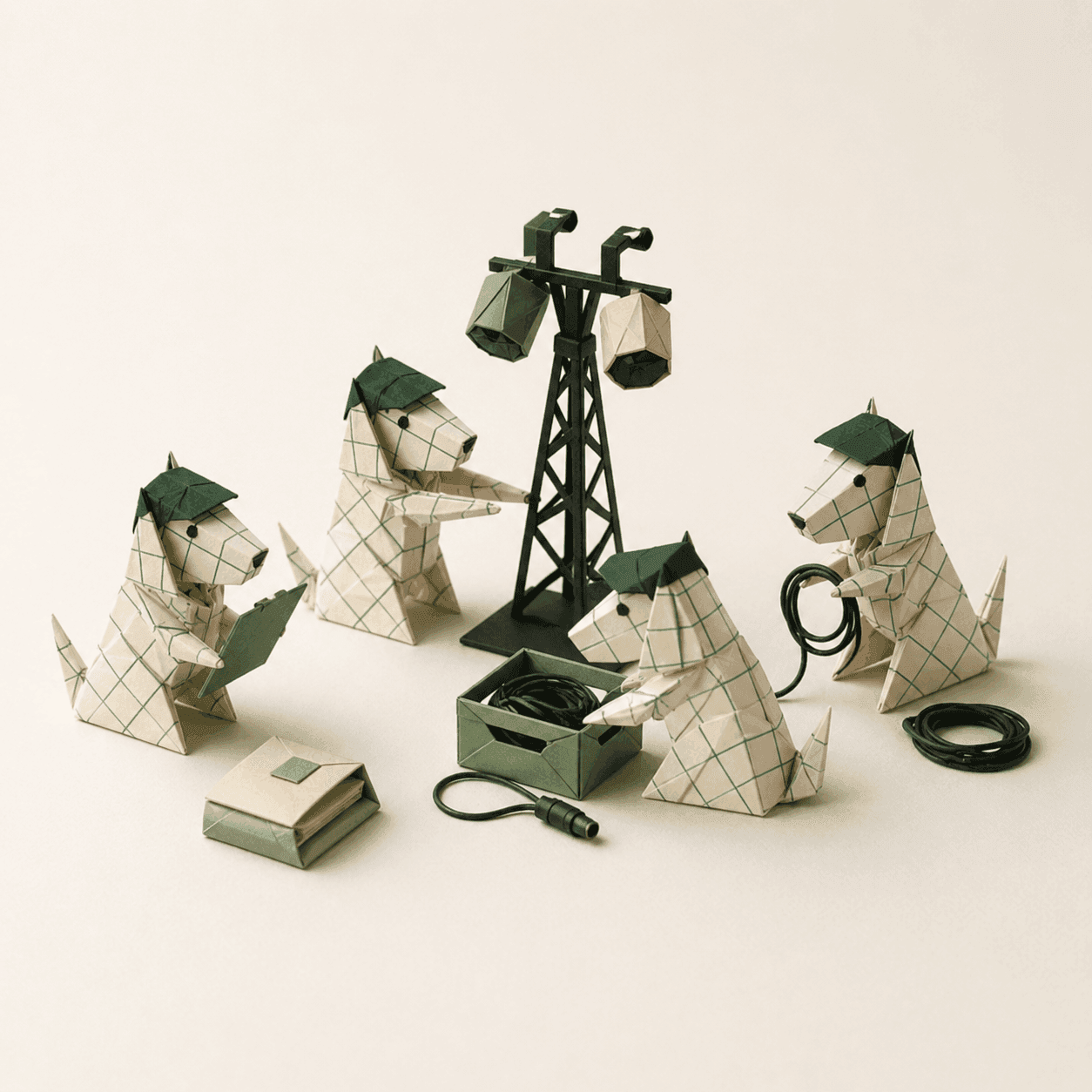 Origami crew scene representing festival production teams