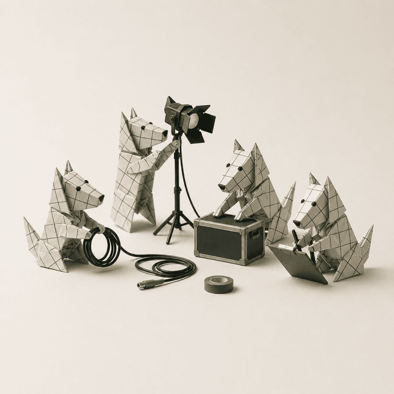 Origami crew scene representing a film shoot crew